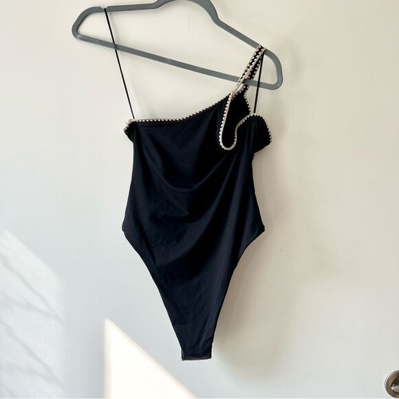 NWT Zara Embroidered Asymmetric One Piece Bathing Suit in Black - Picture 6 of 8